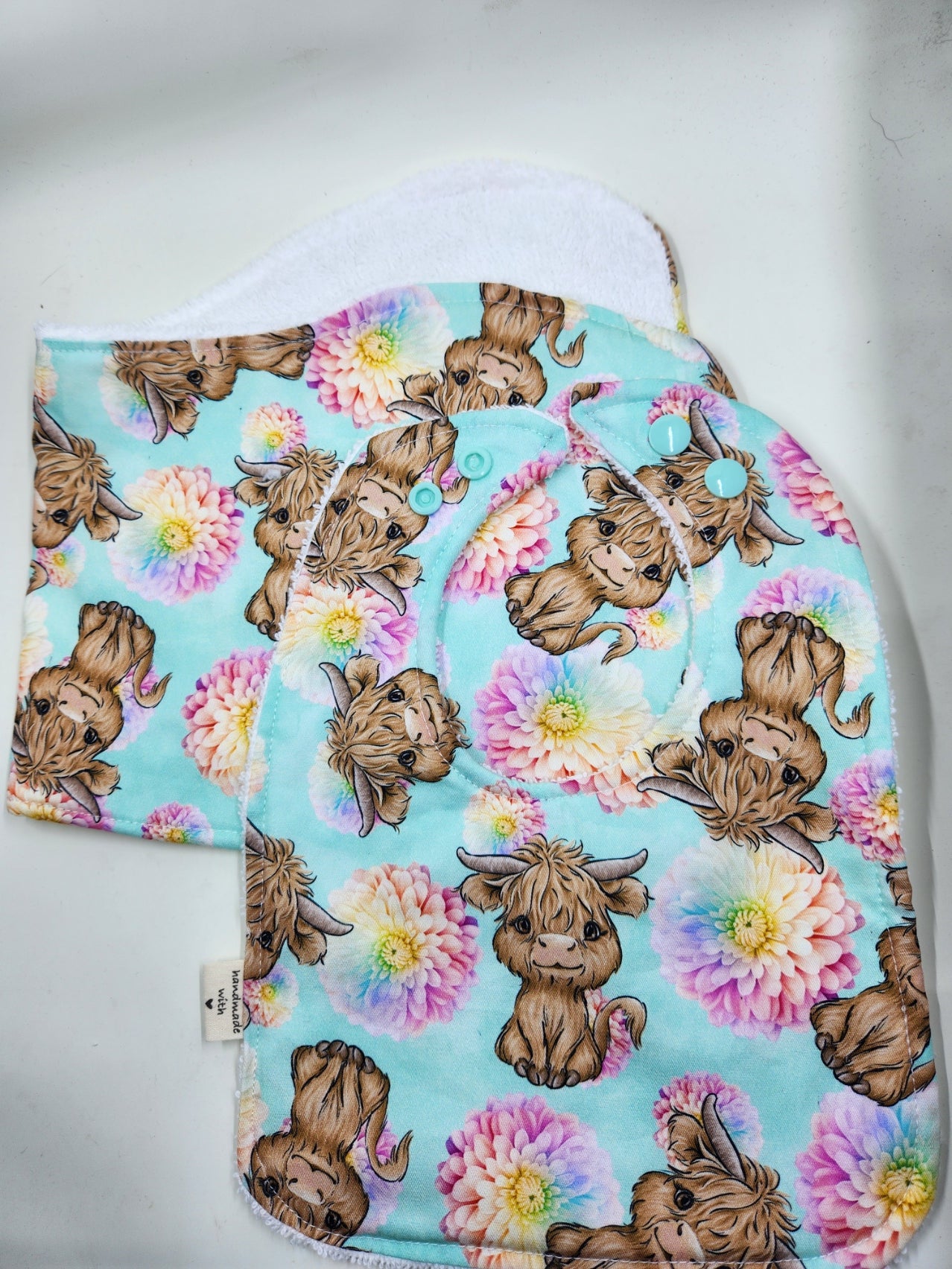 Aqua Dahlia Highland Cow Bib + Burp Cloth Set