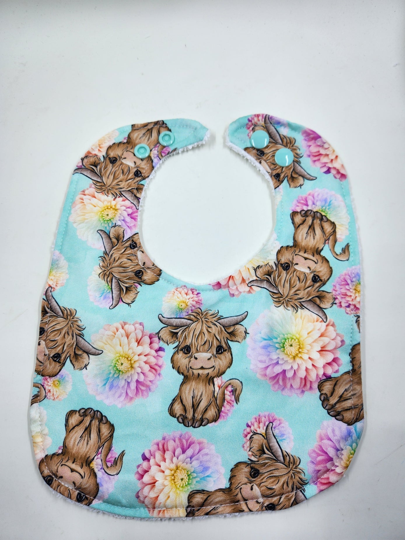 Aqua Dahlia Highland Cow Bib
