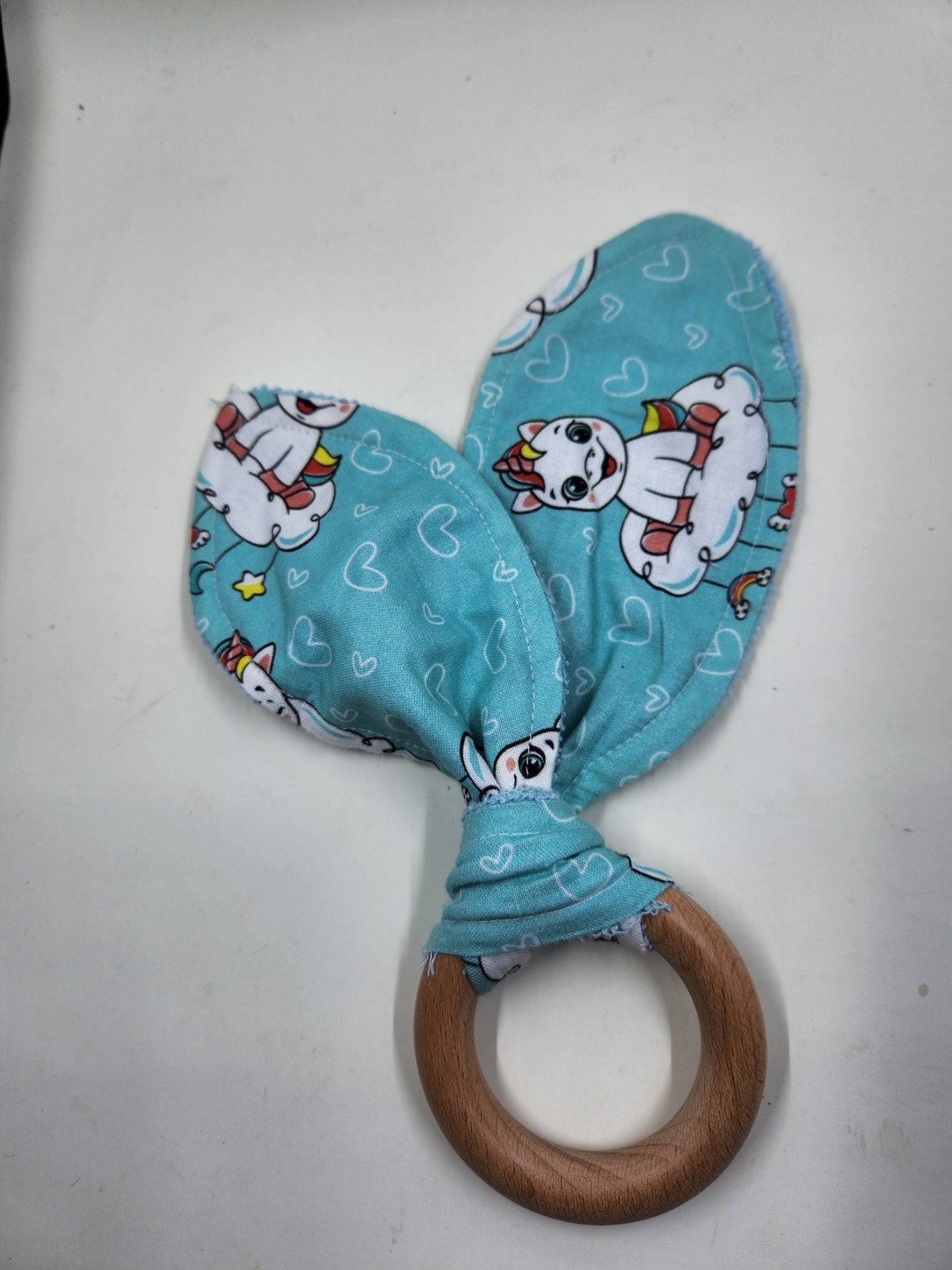 Aqua Unicorn Bunny Eared Wooden Teether