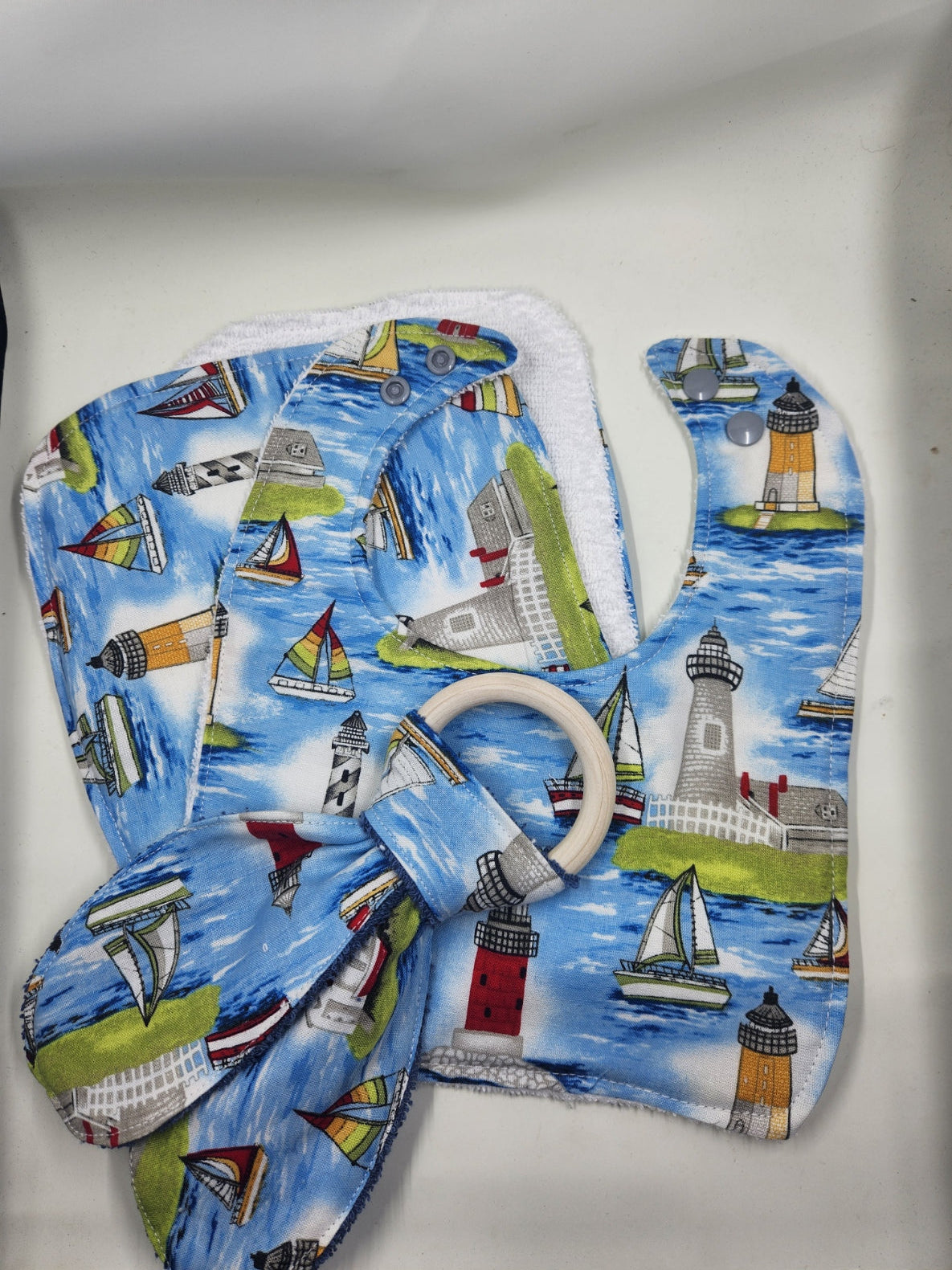 Lighthouse Bib + Burp Cloth Set + Wooden Teether