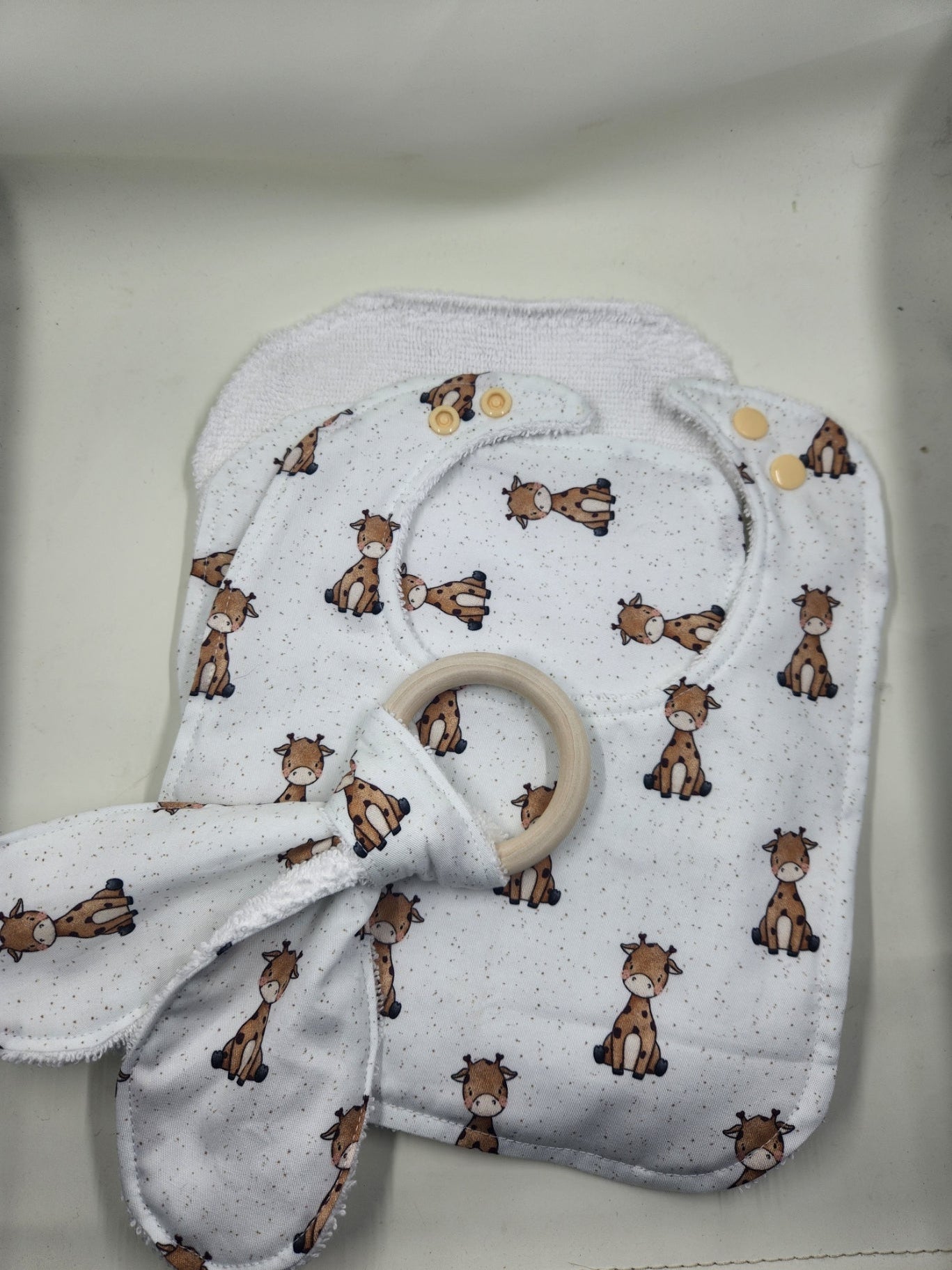 Giraffe Bib + Burp Cloth Set + Wooden Teether