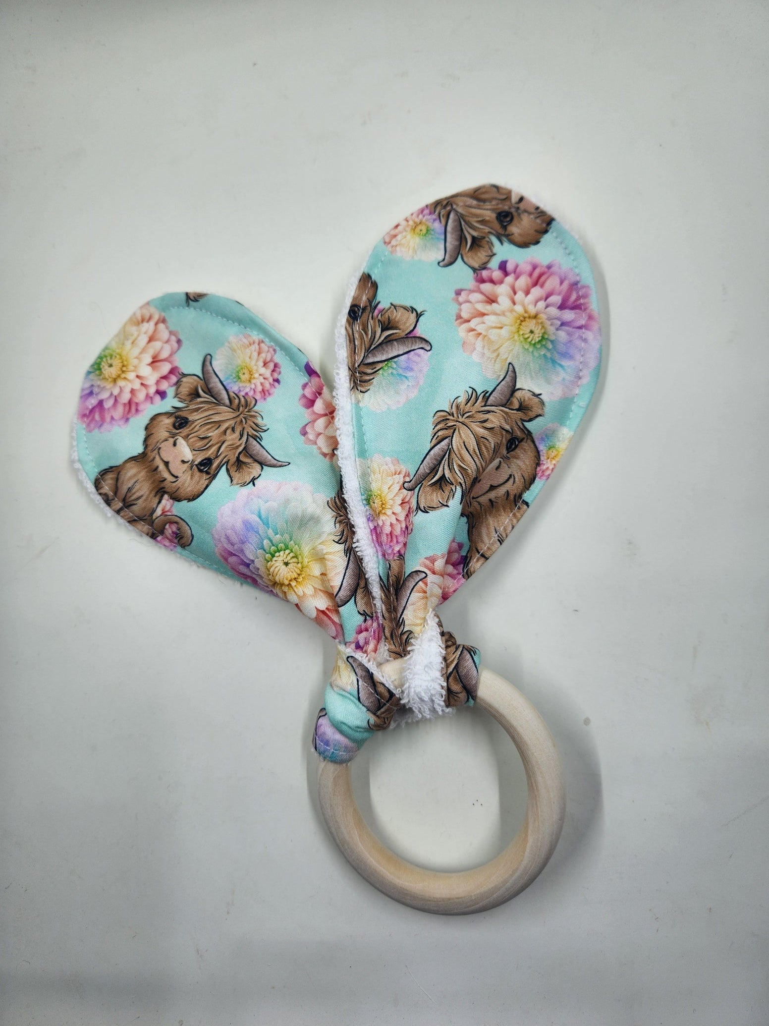 Aqua Dahlia Highland Cow Wooden Teether