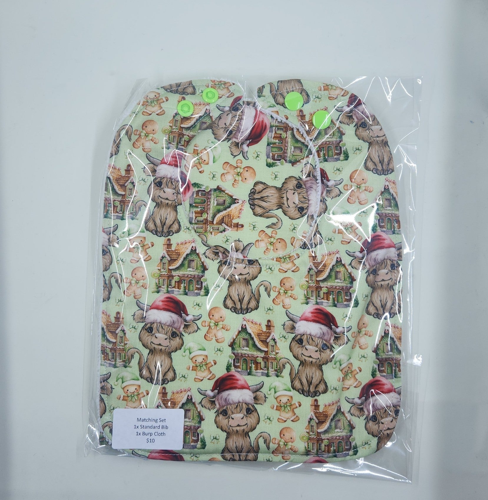 Christmas Highland Cow Gingerbread Bib + Burp Cloth Set