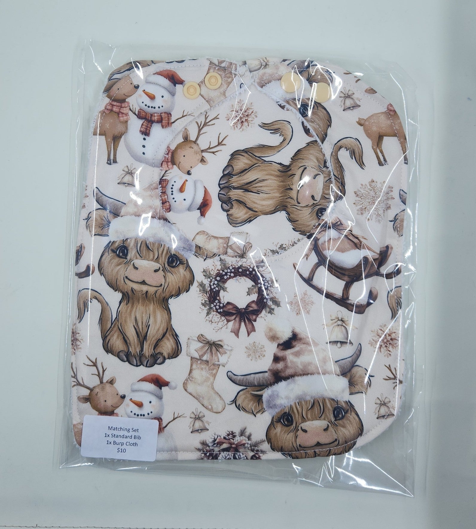 Christmas Highland Cow Reindeer Bib + Burp Cloth Set