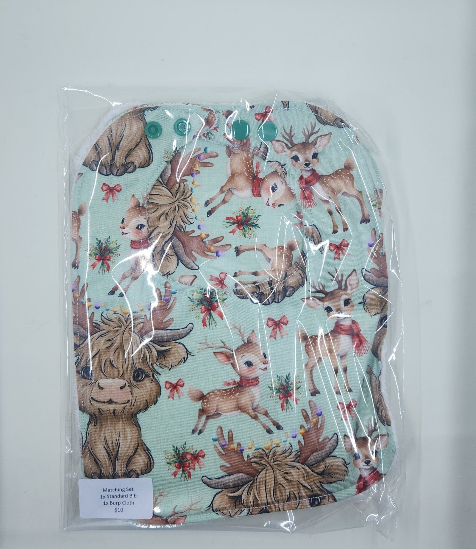 Christmas Highland Cow Green Deer Bib + Burp Cloth Set