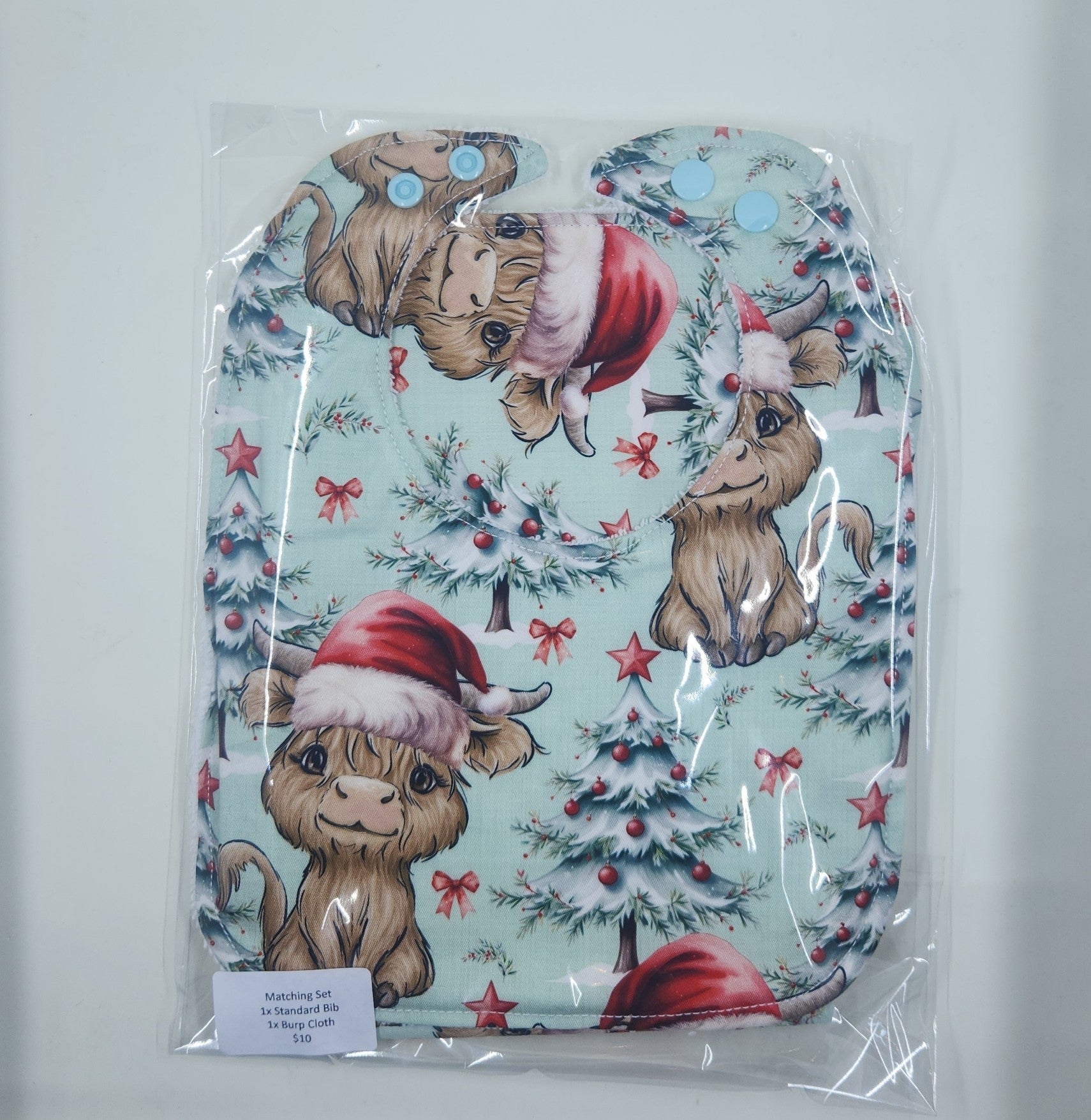 Christmas Highland Cow Green Tree Bib + Burp Cloth Set