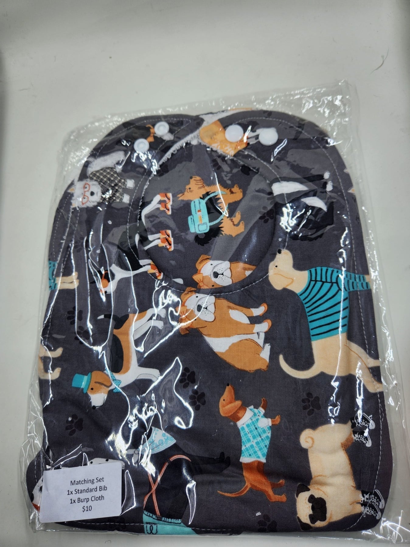 Dark Grey Dogs Bib + Burp Cloth Set