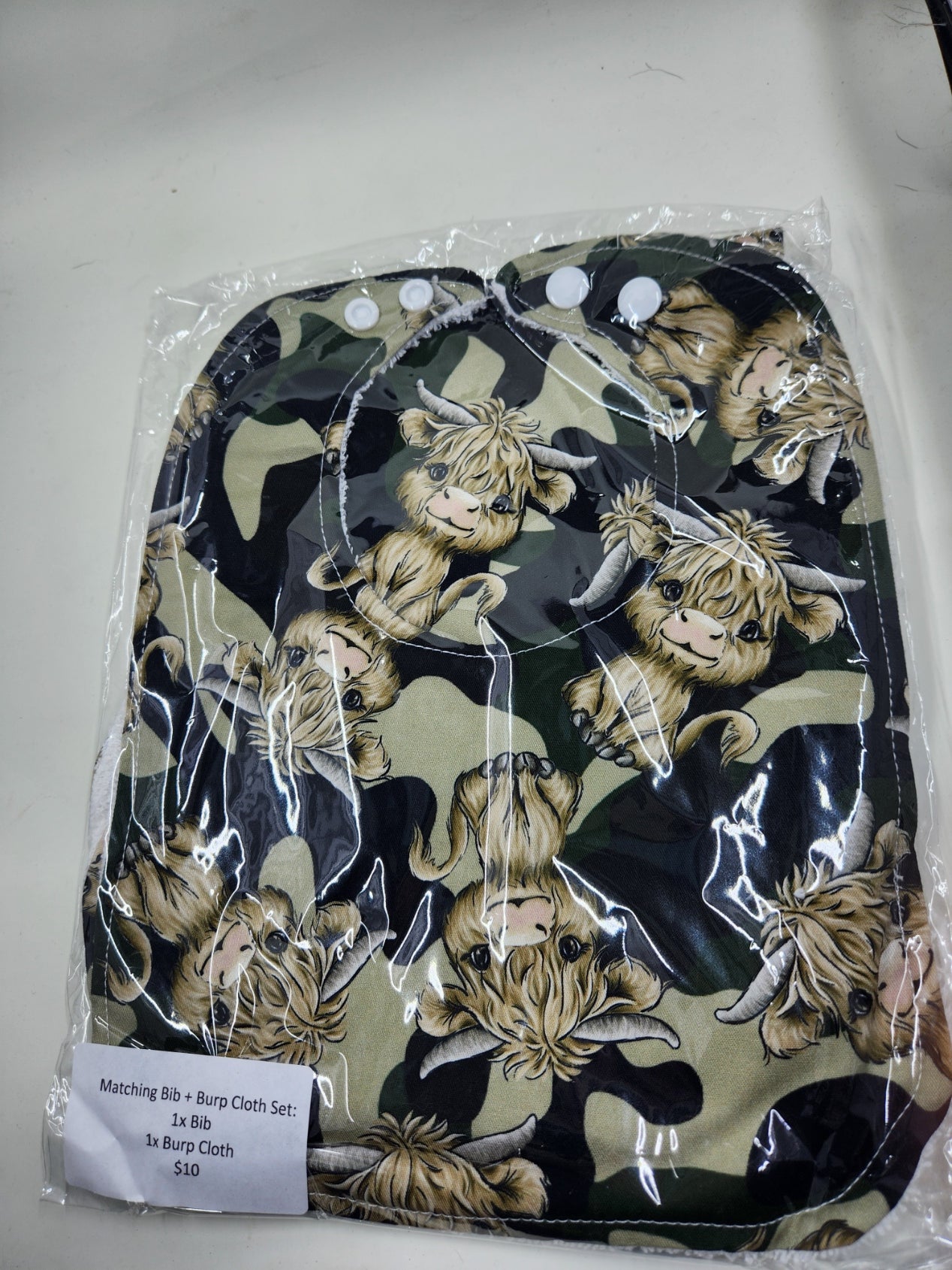 Camo Highland Cow Bib + Burp Cloth Set