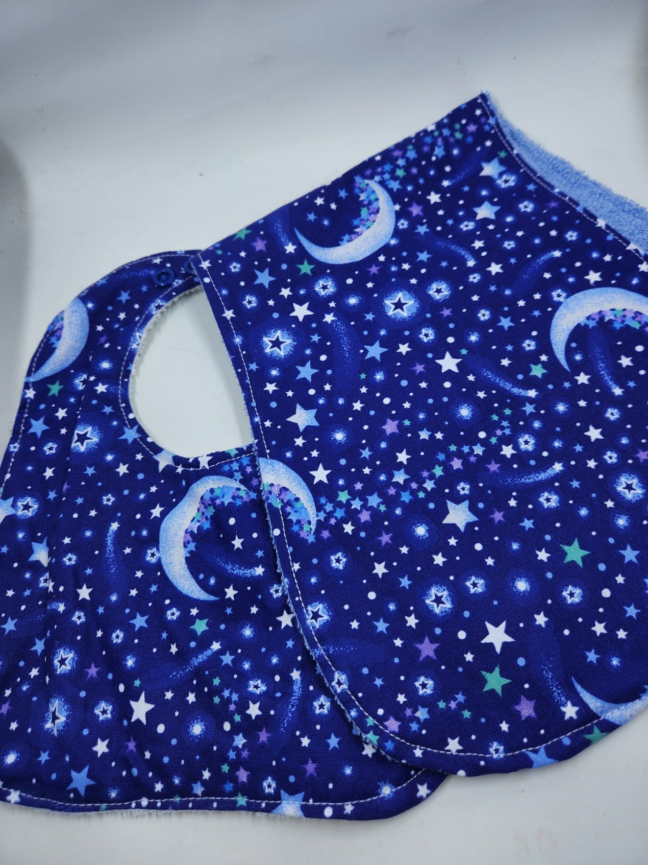 Blue + Purple Moon + Stars  Bib + Burp Cloth Set