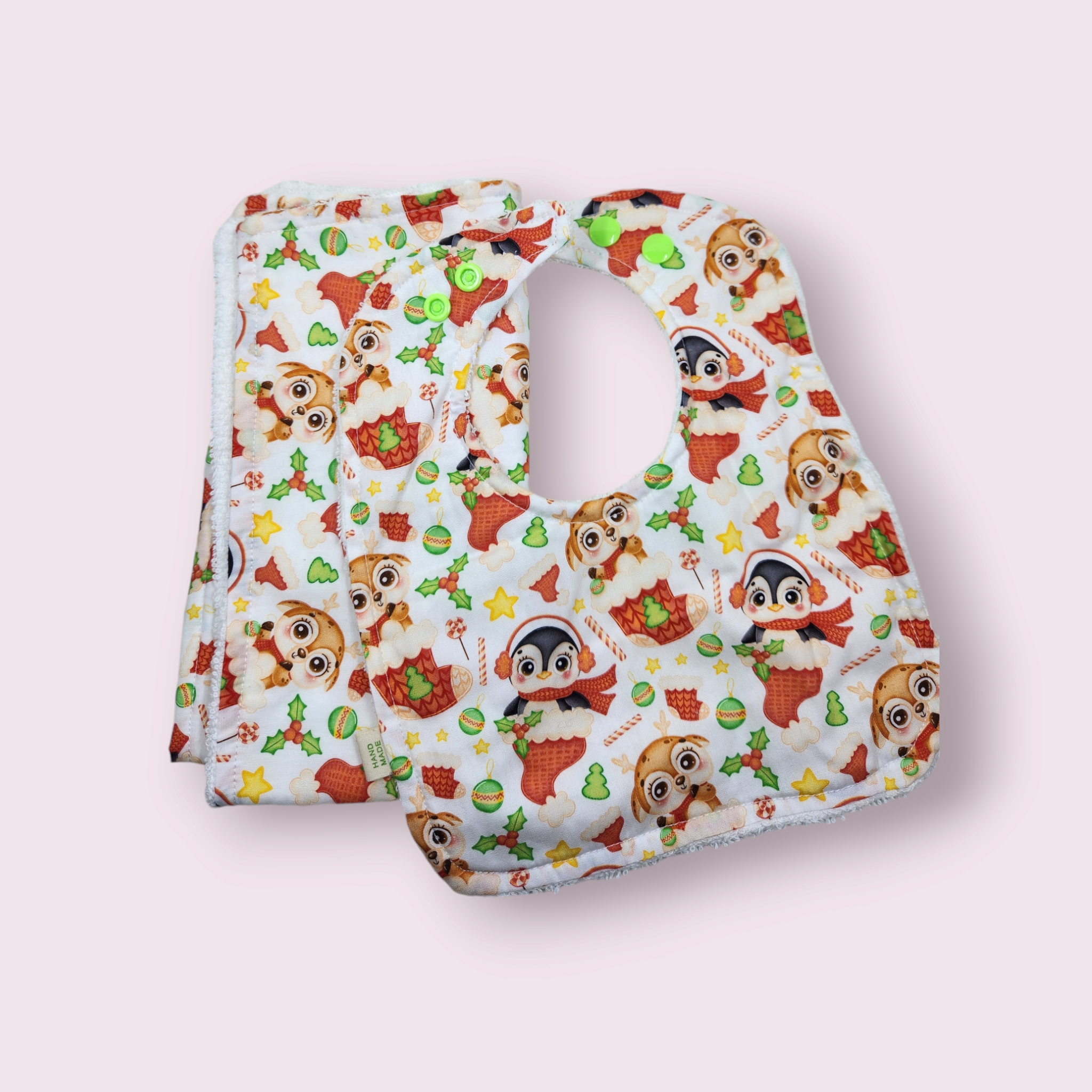 Christmas Penguin + Deer Bib + Burp Cloth Set