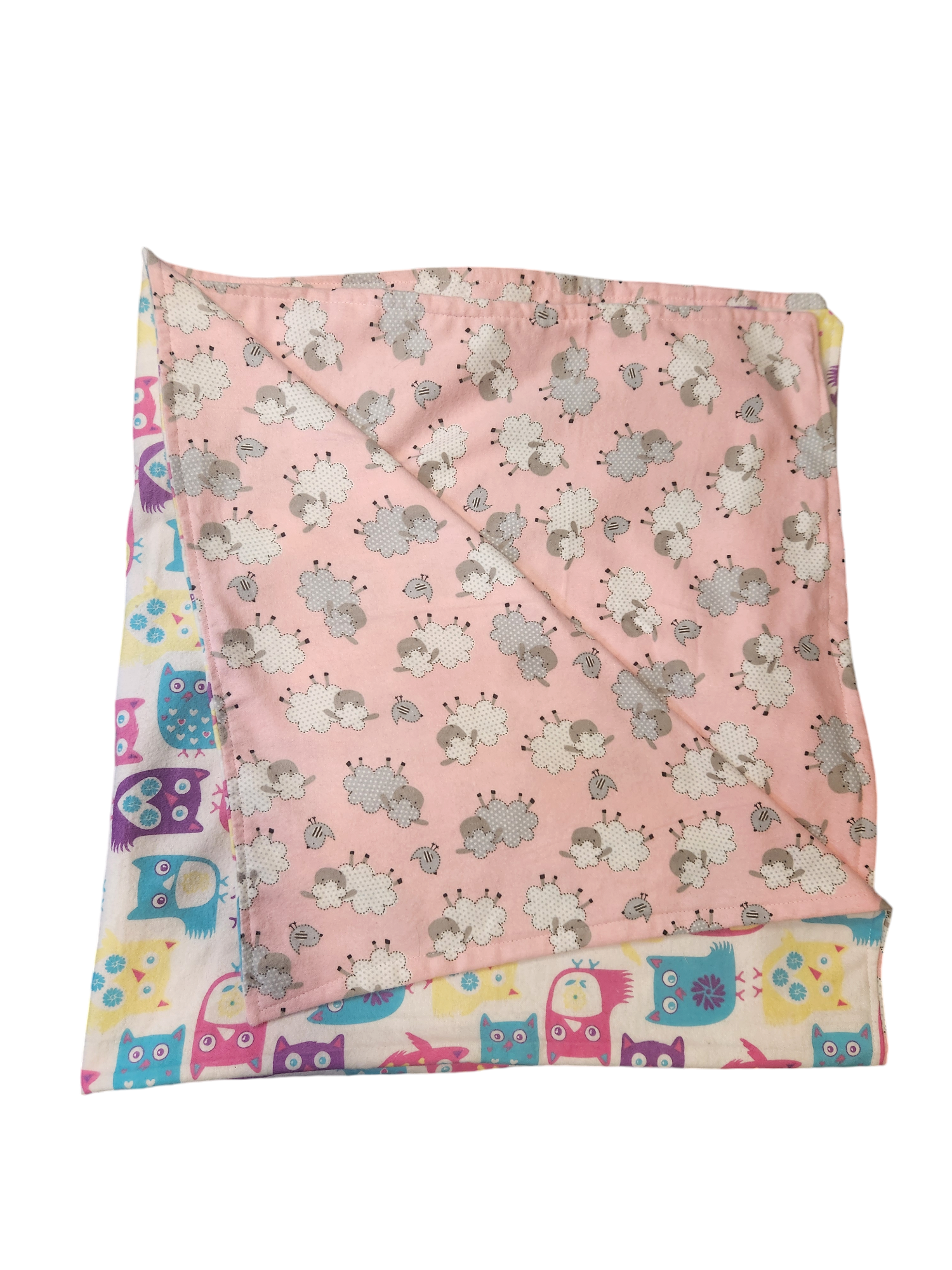 Reversible Pink Sheep +Owls Flannelette  Blanket