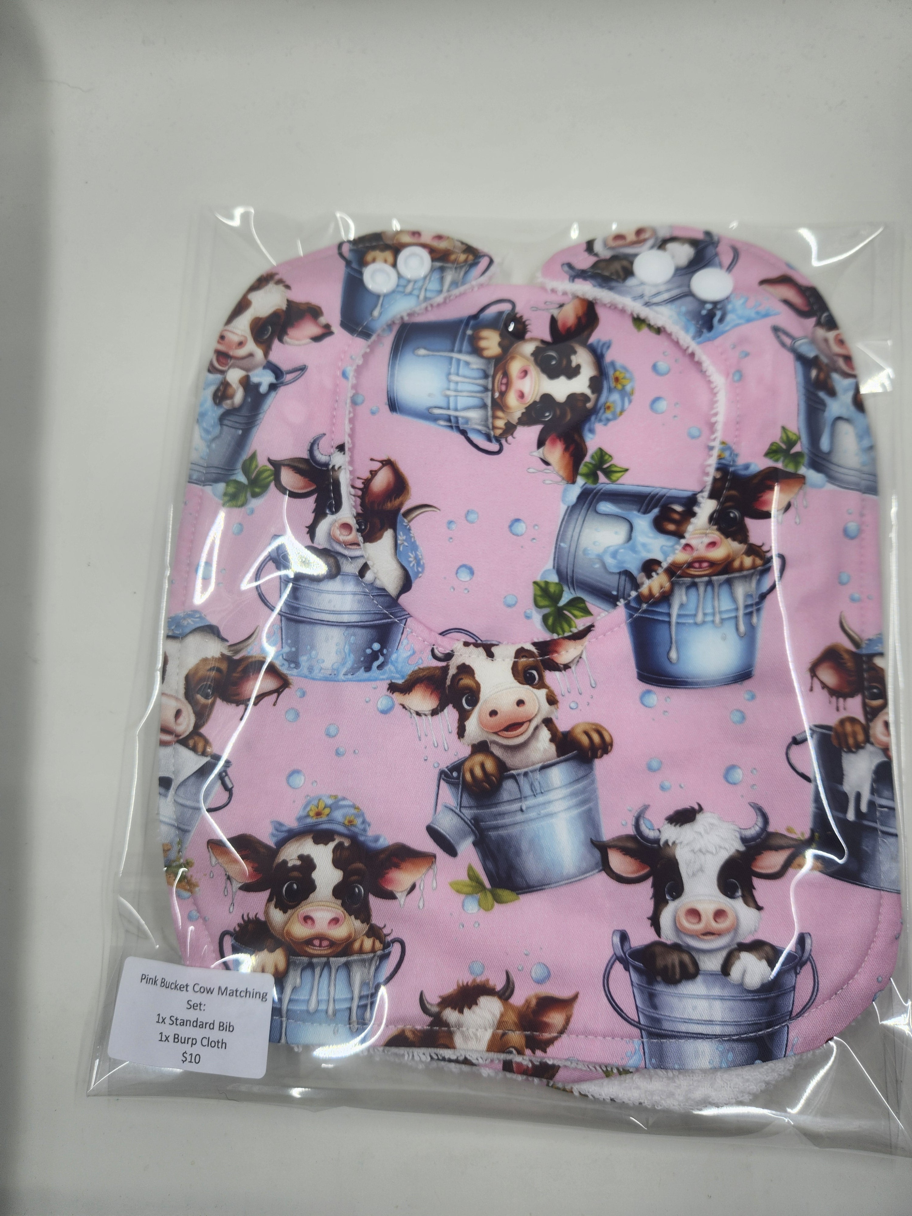 Pink Bucket Cow Bib + Burp Cloth Set