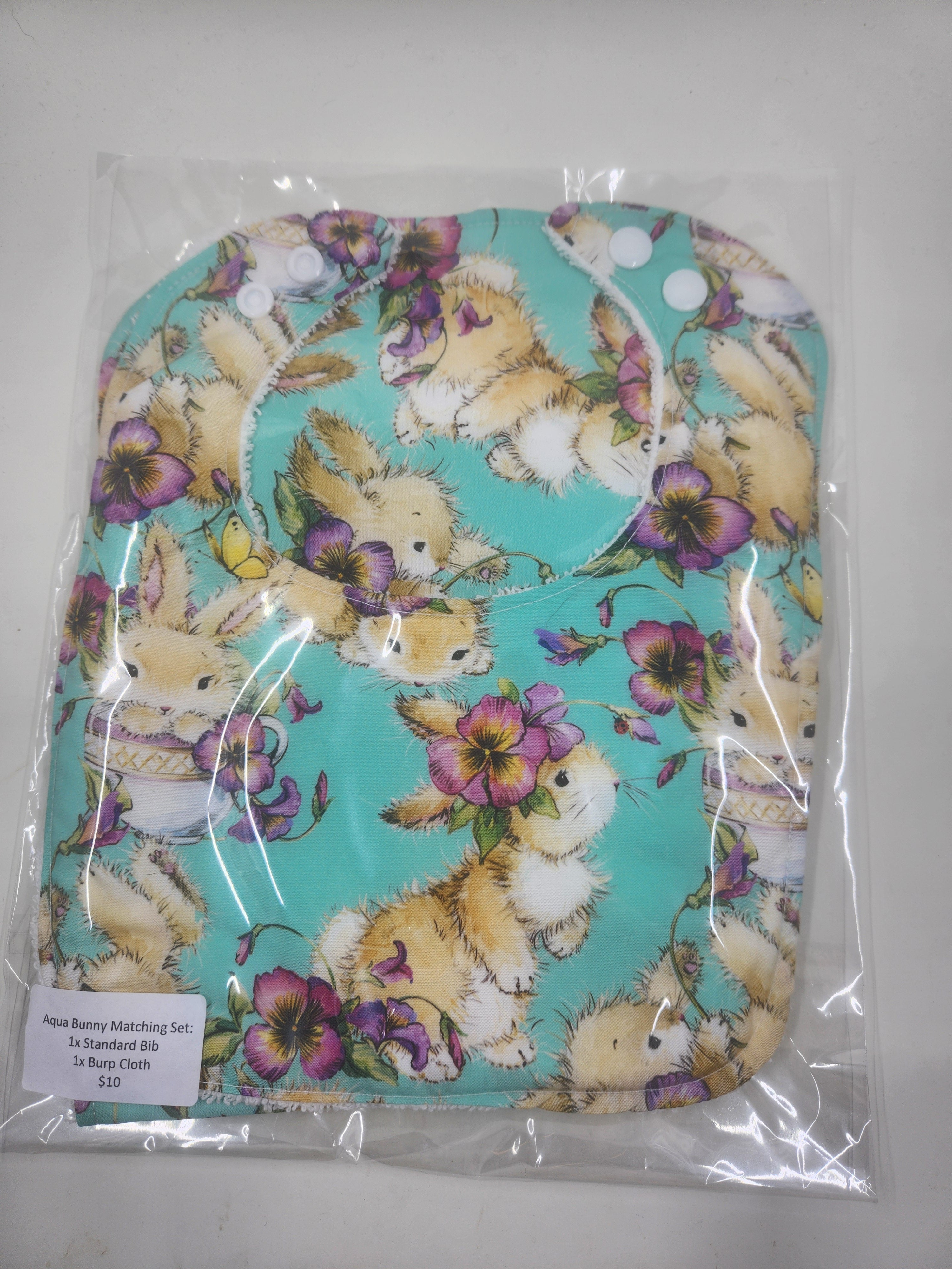 Aqua Floral Bunny Bib + Burp Cloth Set