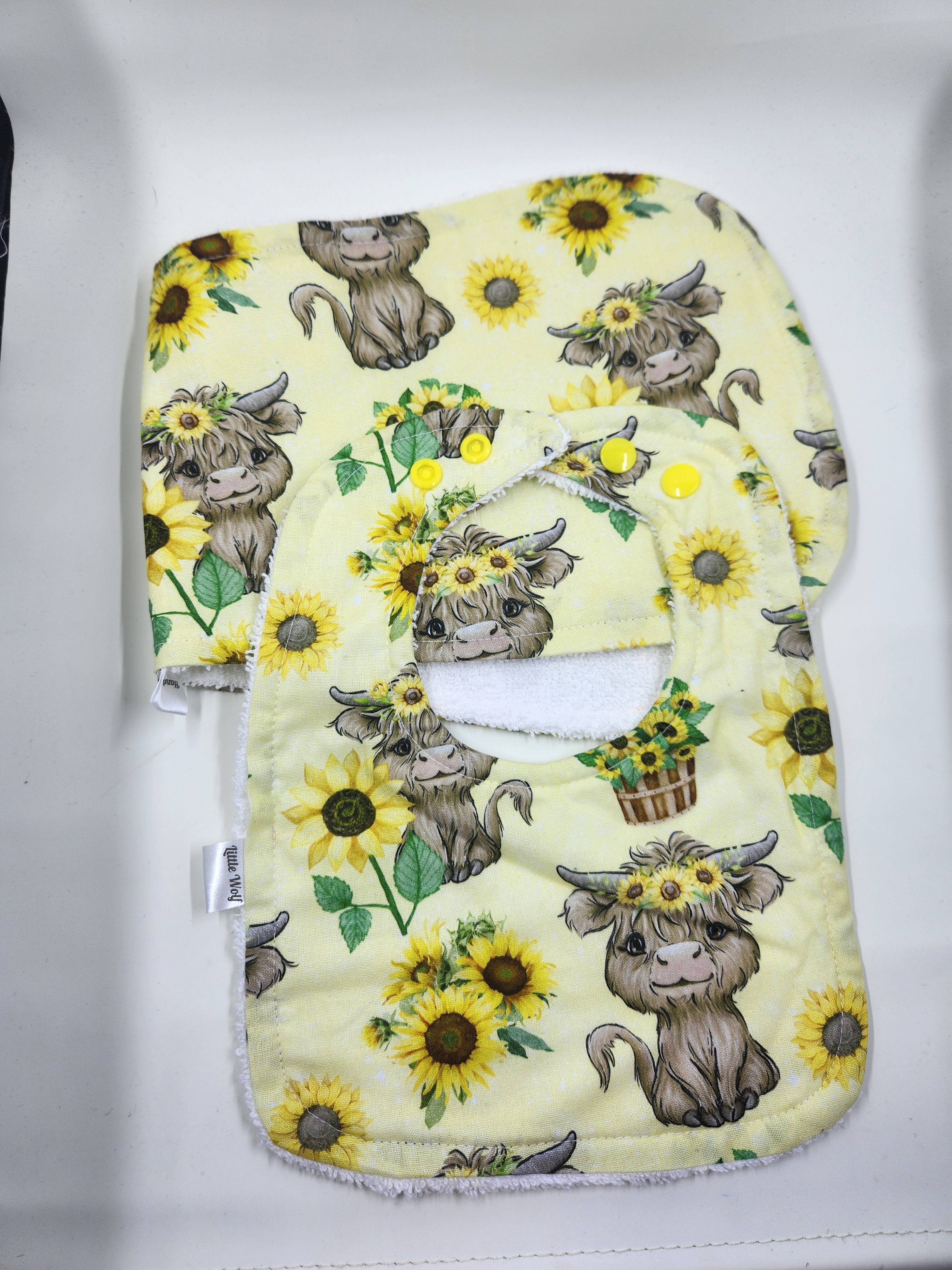 Yellow Sunflower Cow  Bib + Burp Cloth Set