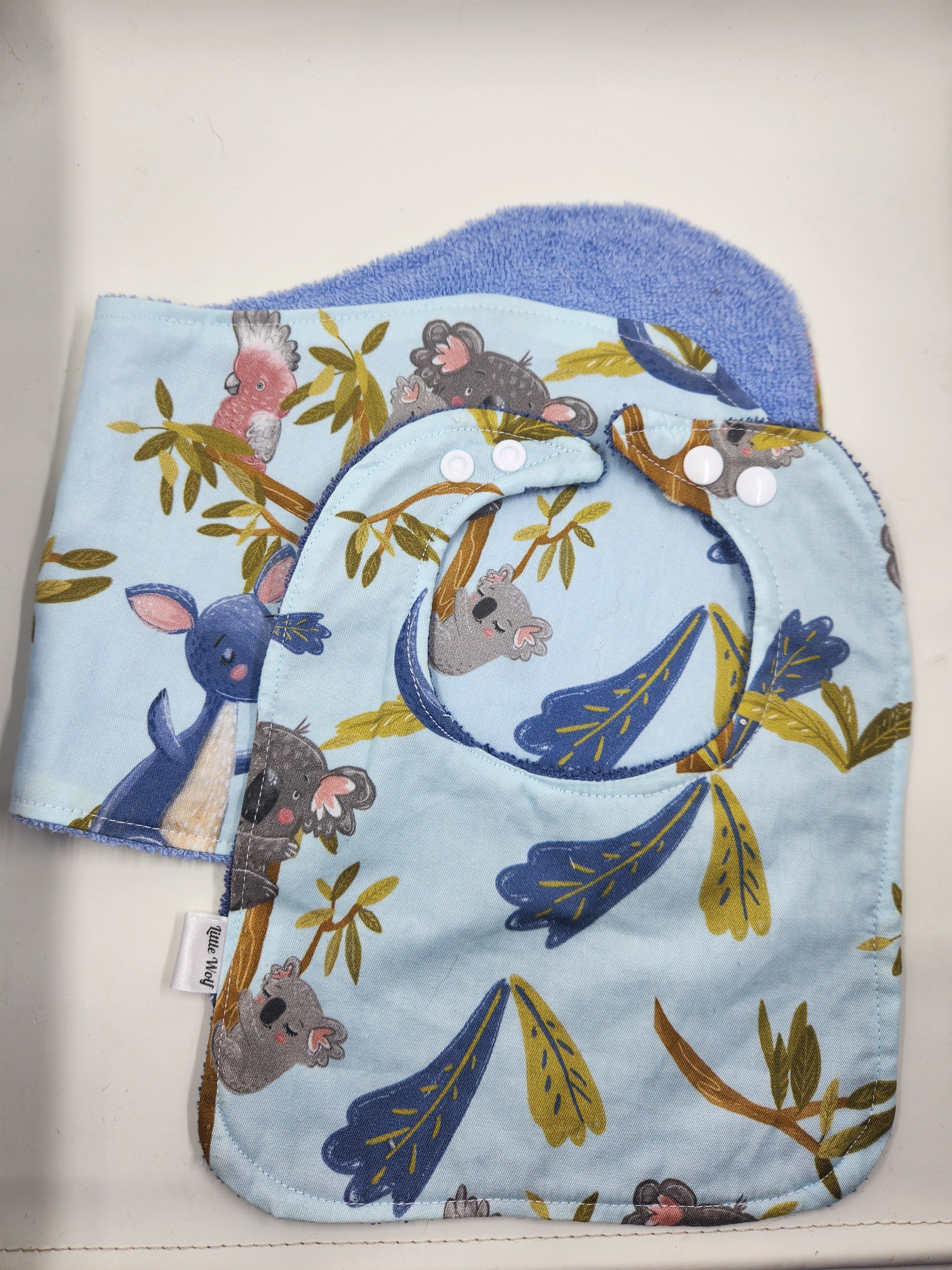 Blue Australiana Bib + Burp Cloth Set