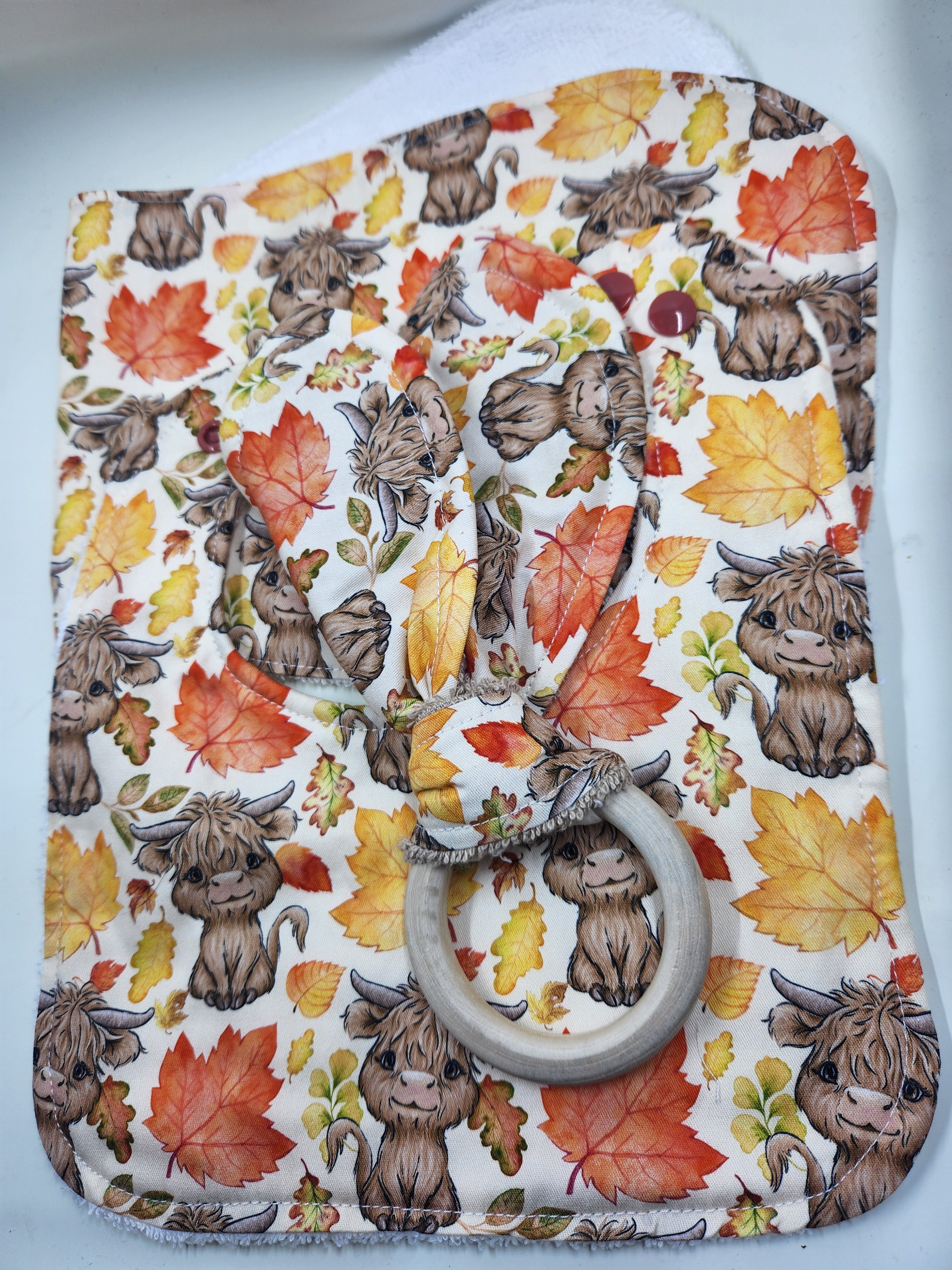 Autumn Highland Cow Bib + Burp Cloth  Set + Teether