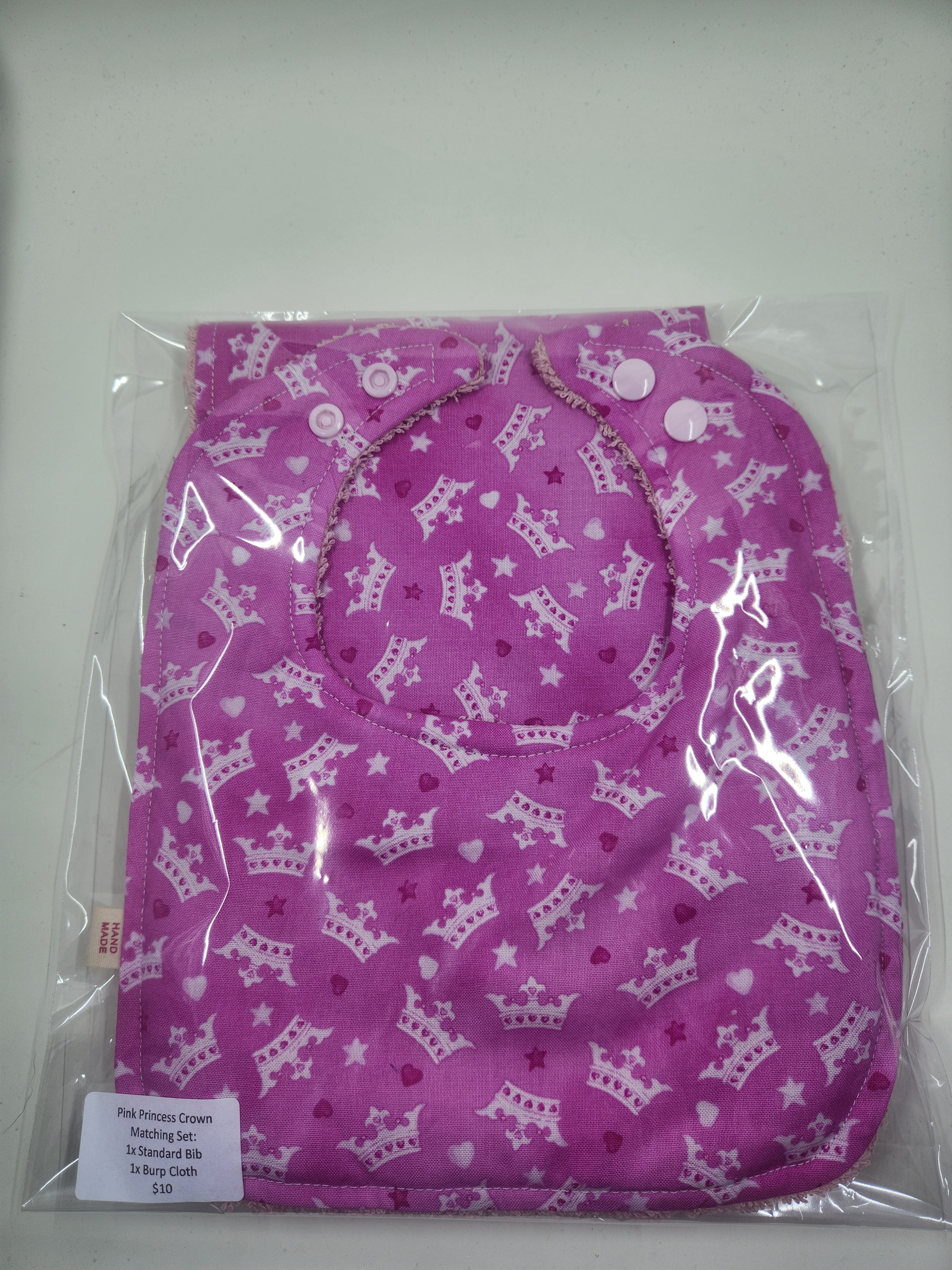 Pink Crowns Bib + Burp Cloth Set