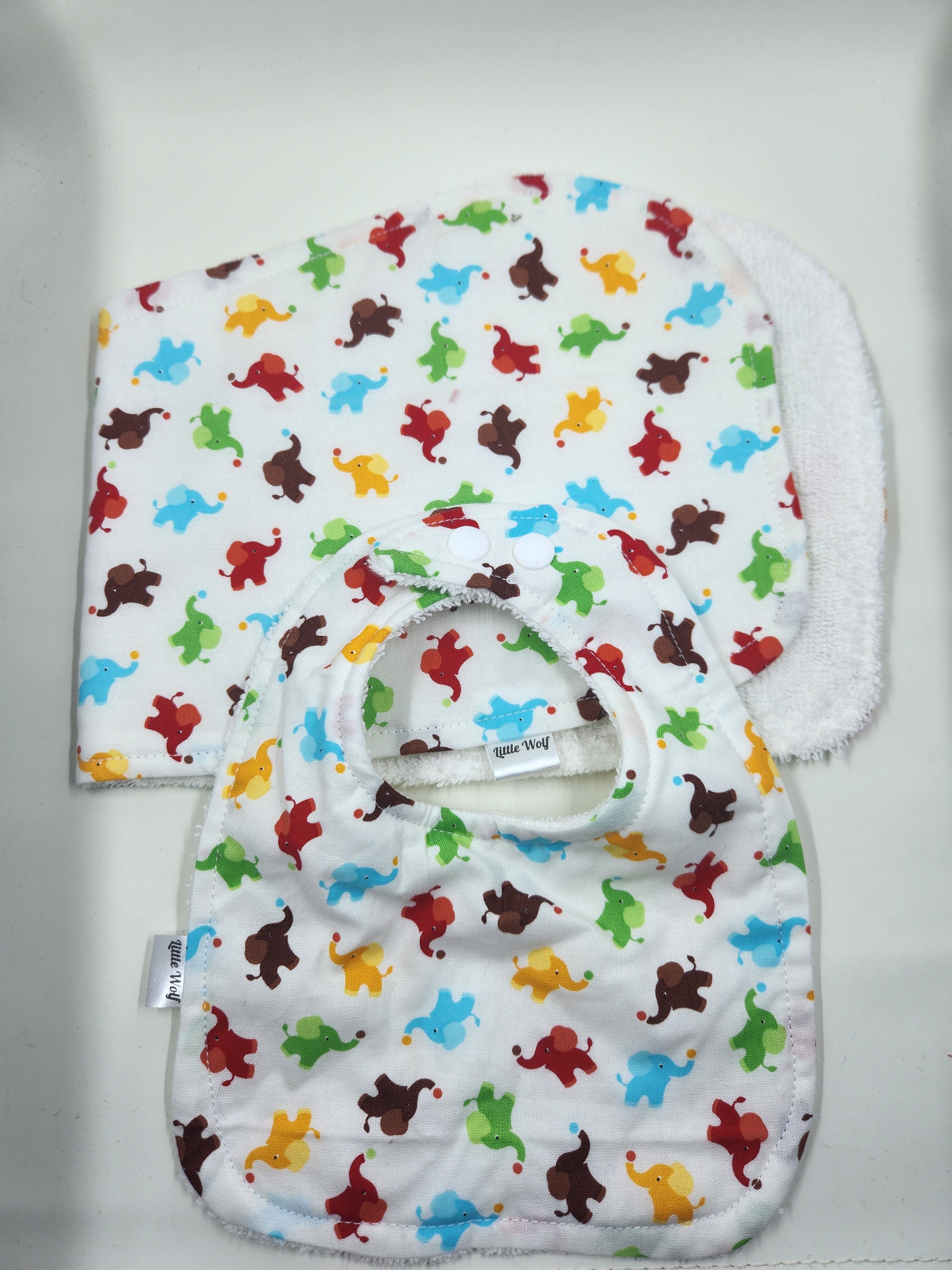 Colourful Elephant Bib + Burp Cloth Set