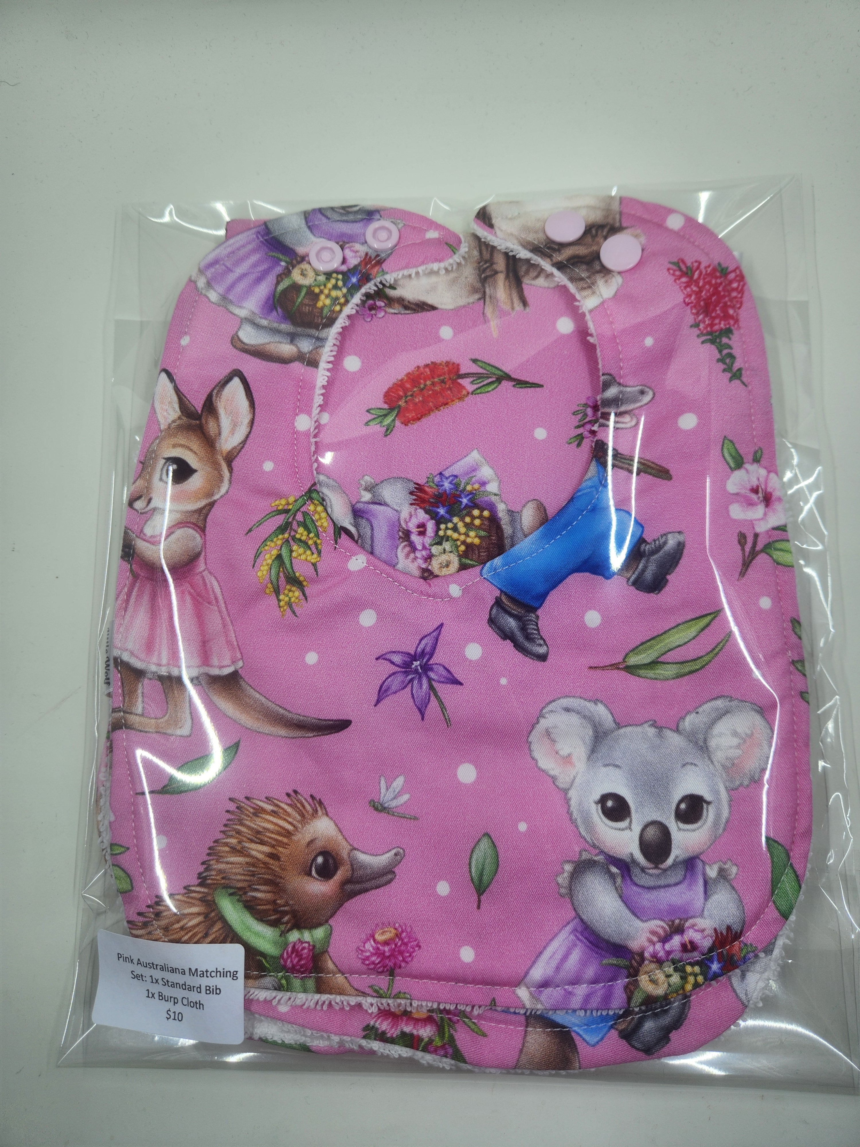 Pink Echidna + Kangaroo + Koala Bib + Burp Cloth Set