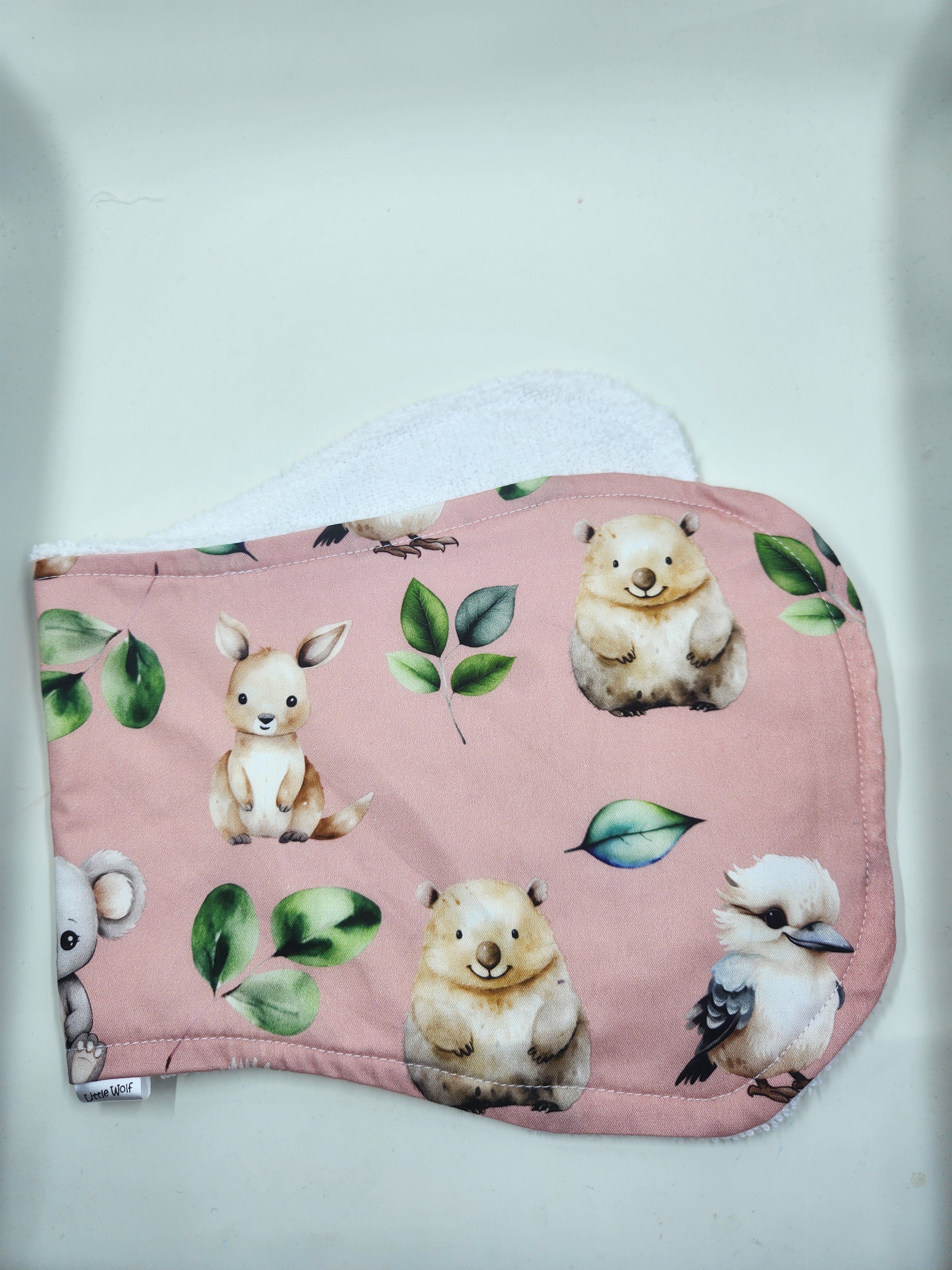 Dusty Pink Kangaroo + Wombat + Koala + Kookaburra Bib + Burp Cloth Set