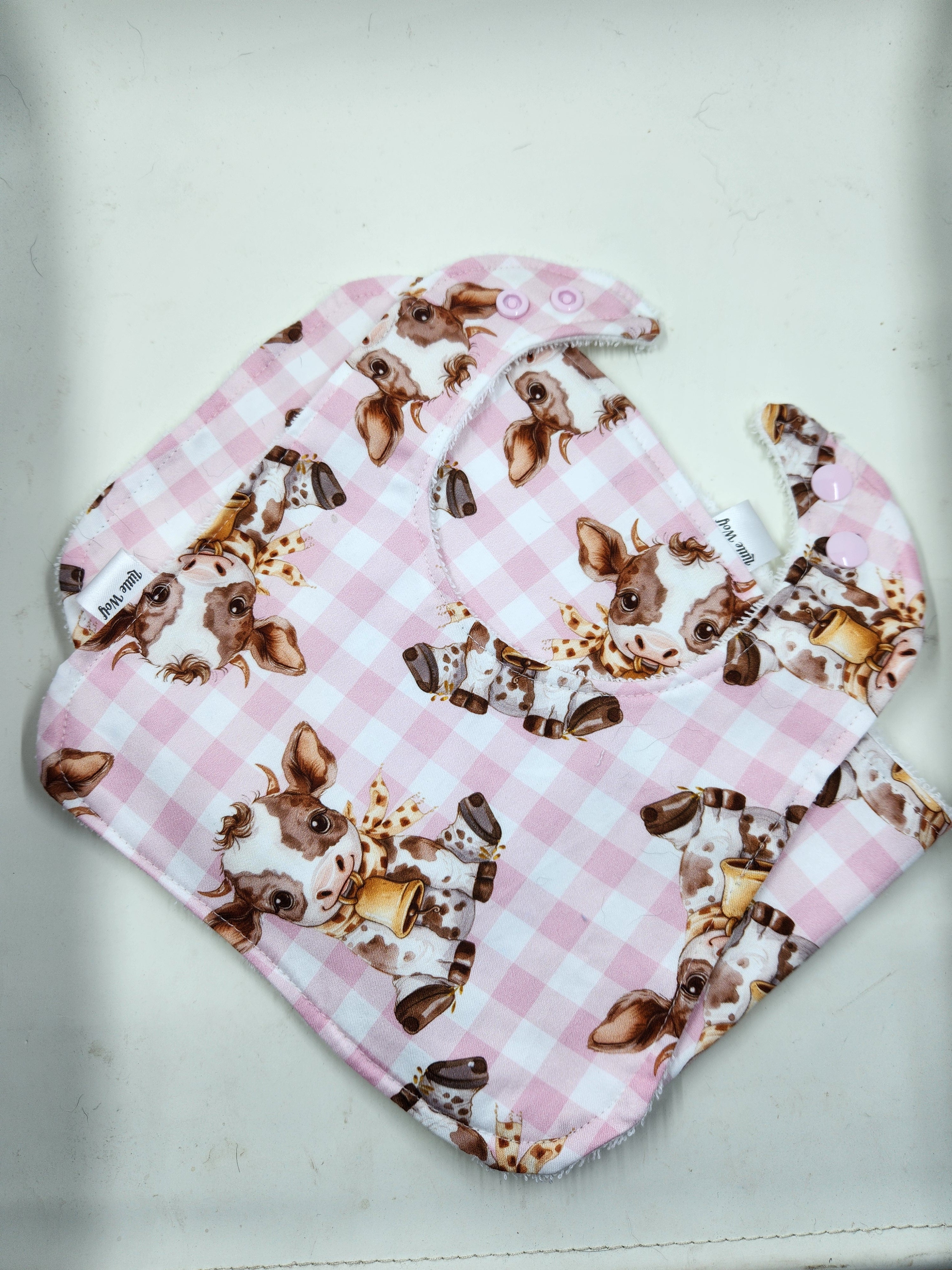 Pink Checkered Cow Bib + Burp Cloth Set