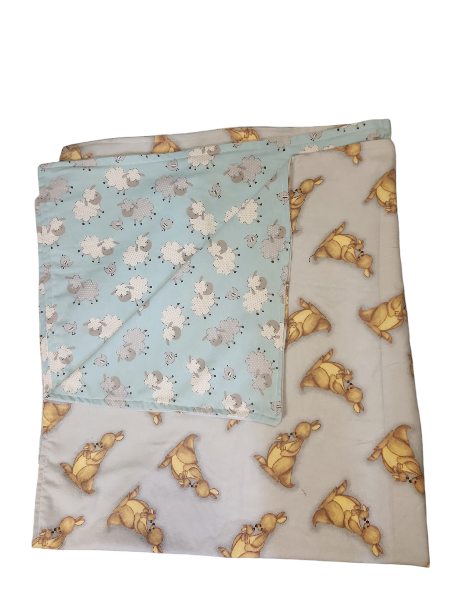 Reversible Blue Kangaroo + Sheep Flannelette  Blanket