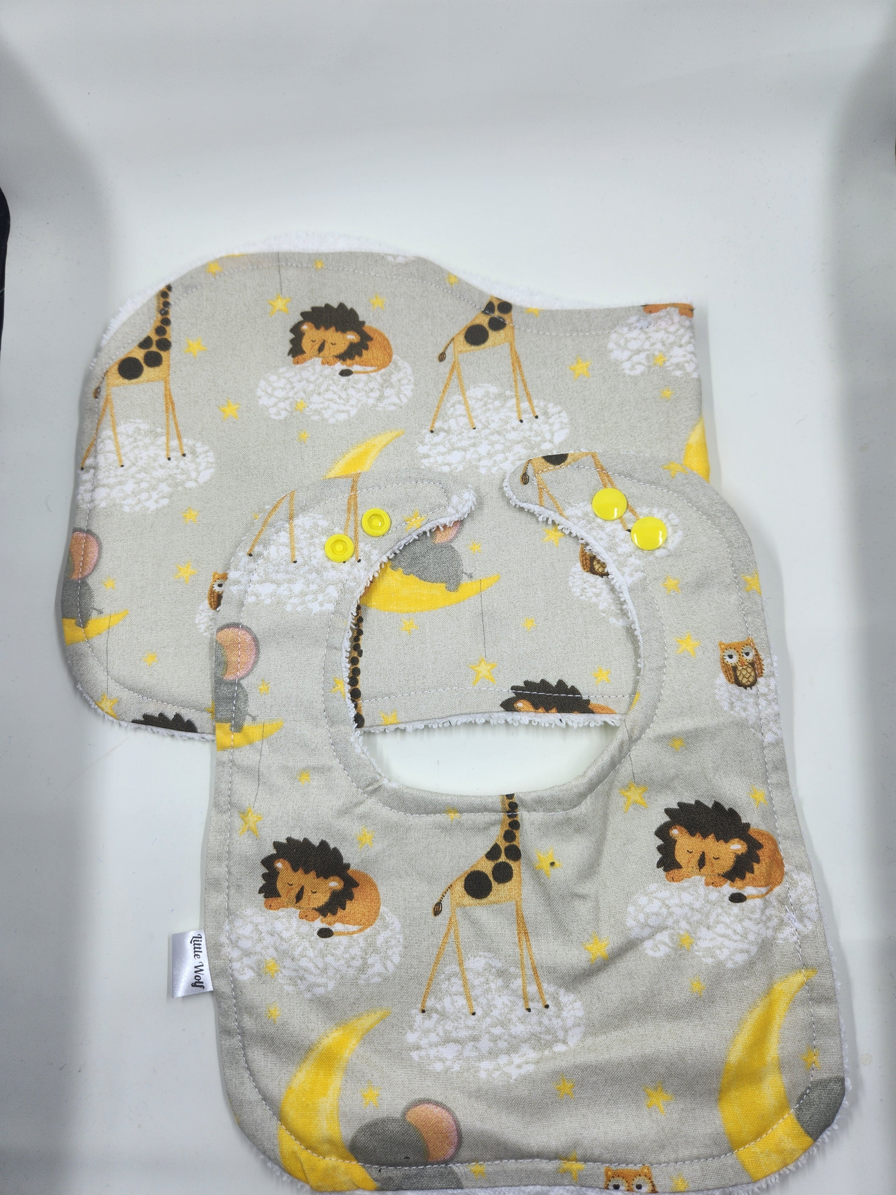 Sleepy Animal Bib + Burp Cloth Set