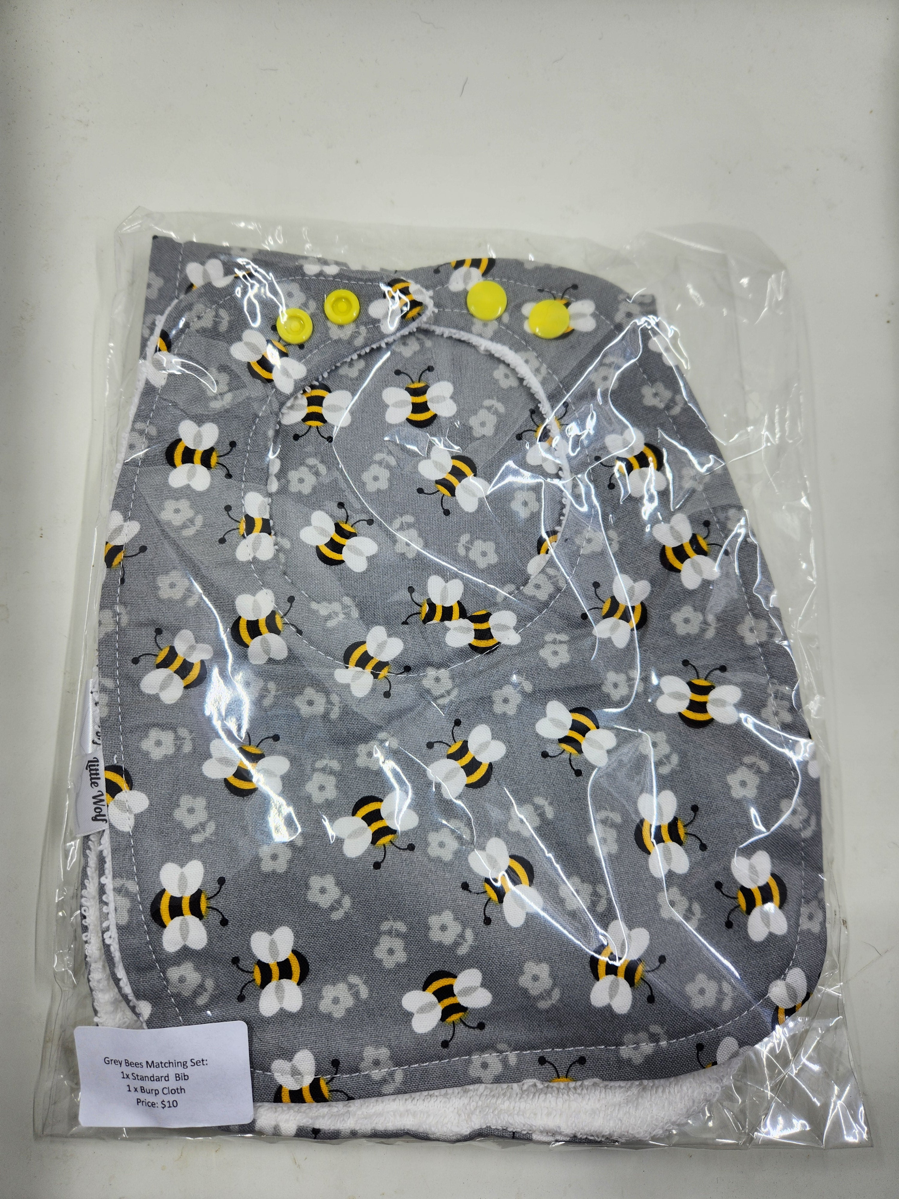 Grey Bees Bib + Burp Cloth Set
