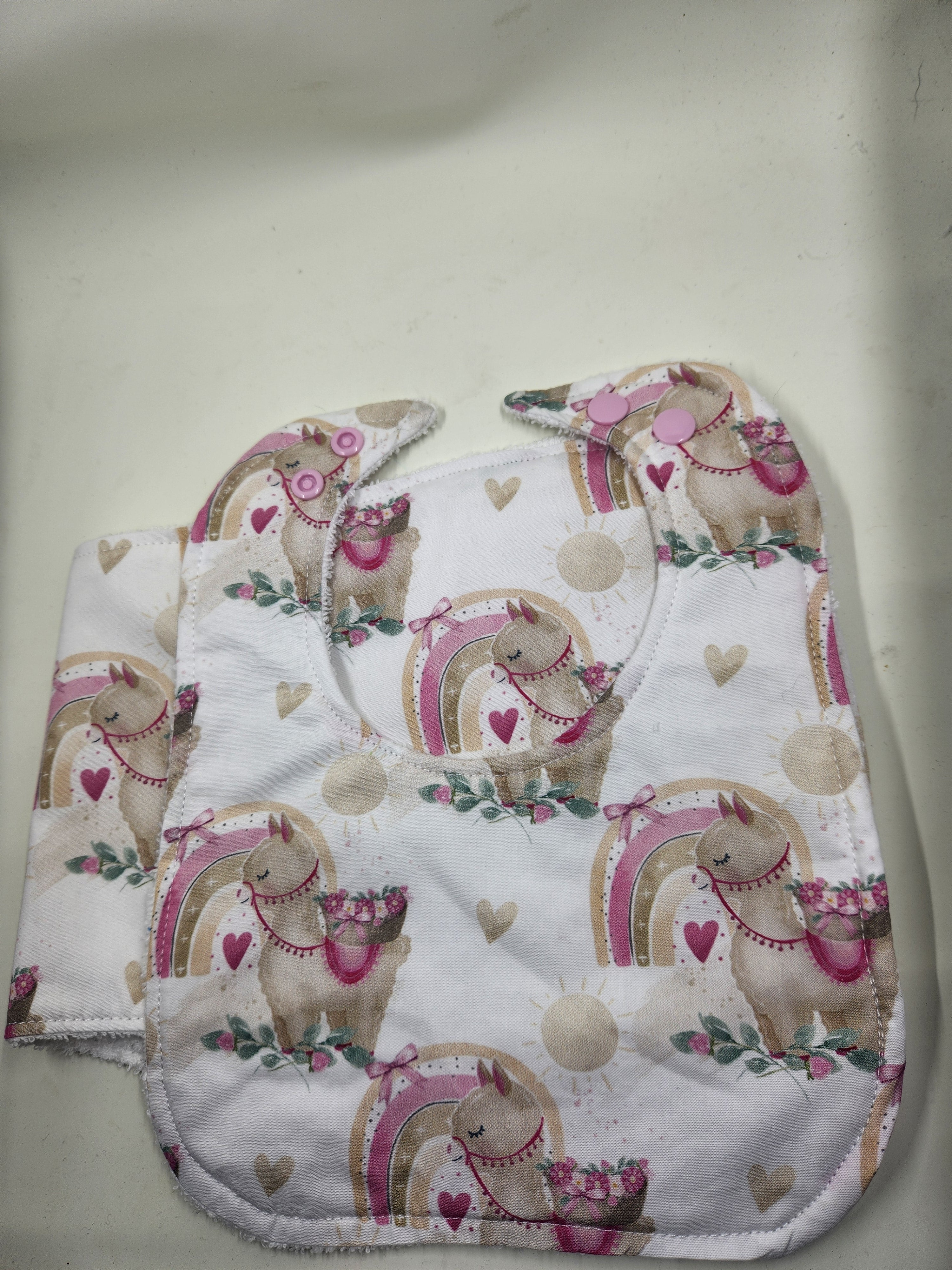 Pink Llama Bib + Burp Cloth Set