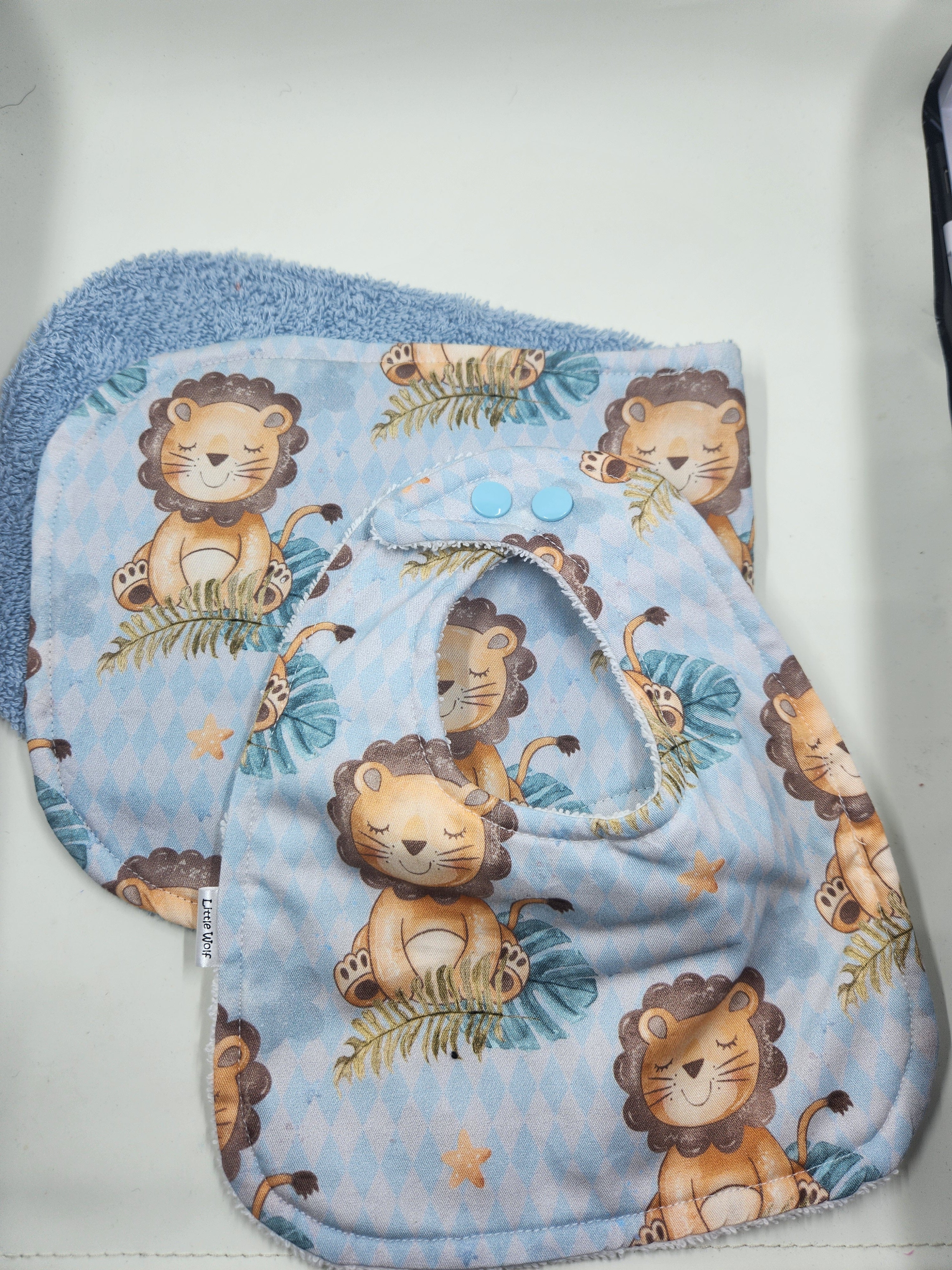 Blue Lion Bib + Burp Cloth Set