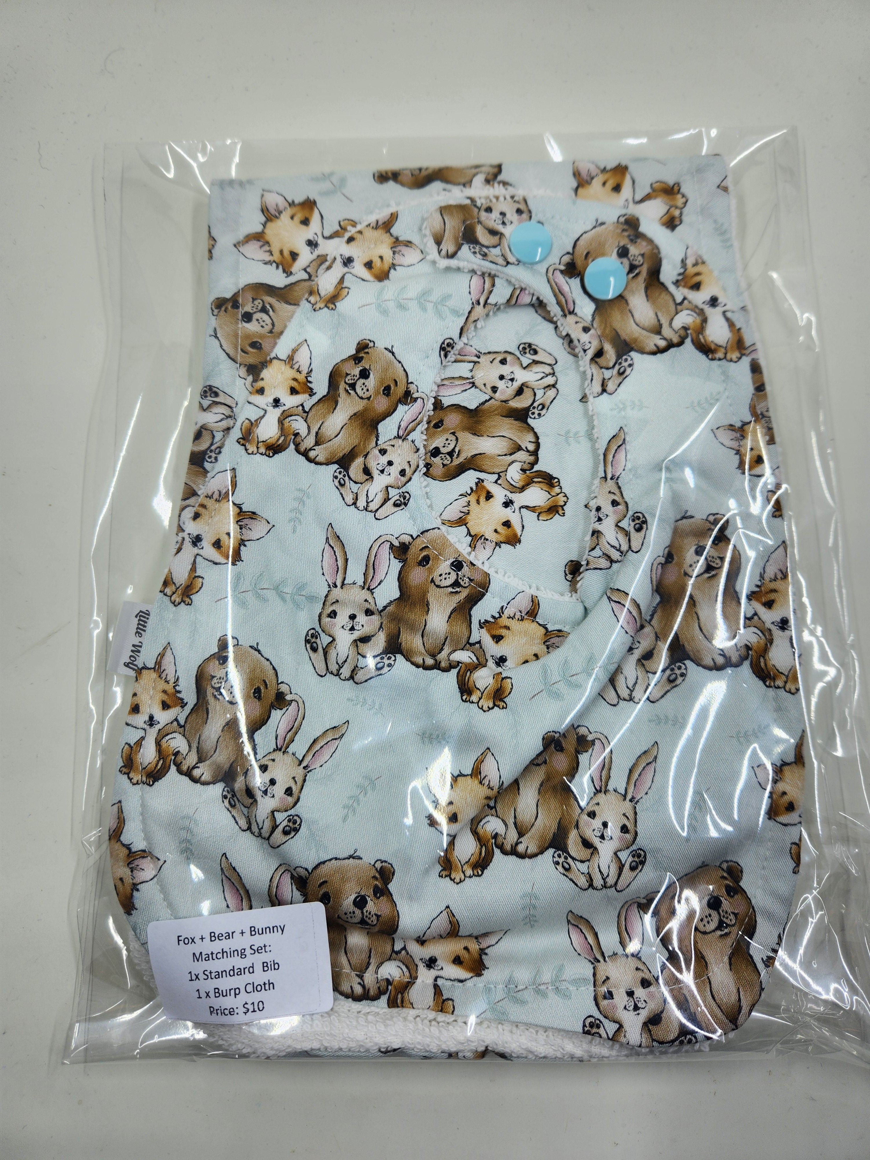 Fox + Bear + Bunny Bib + Burp Cloth Set