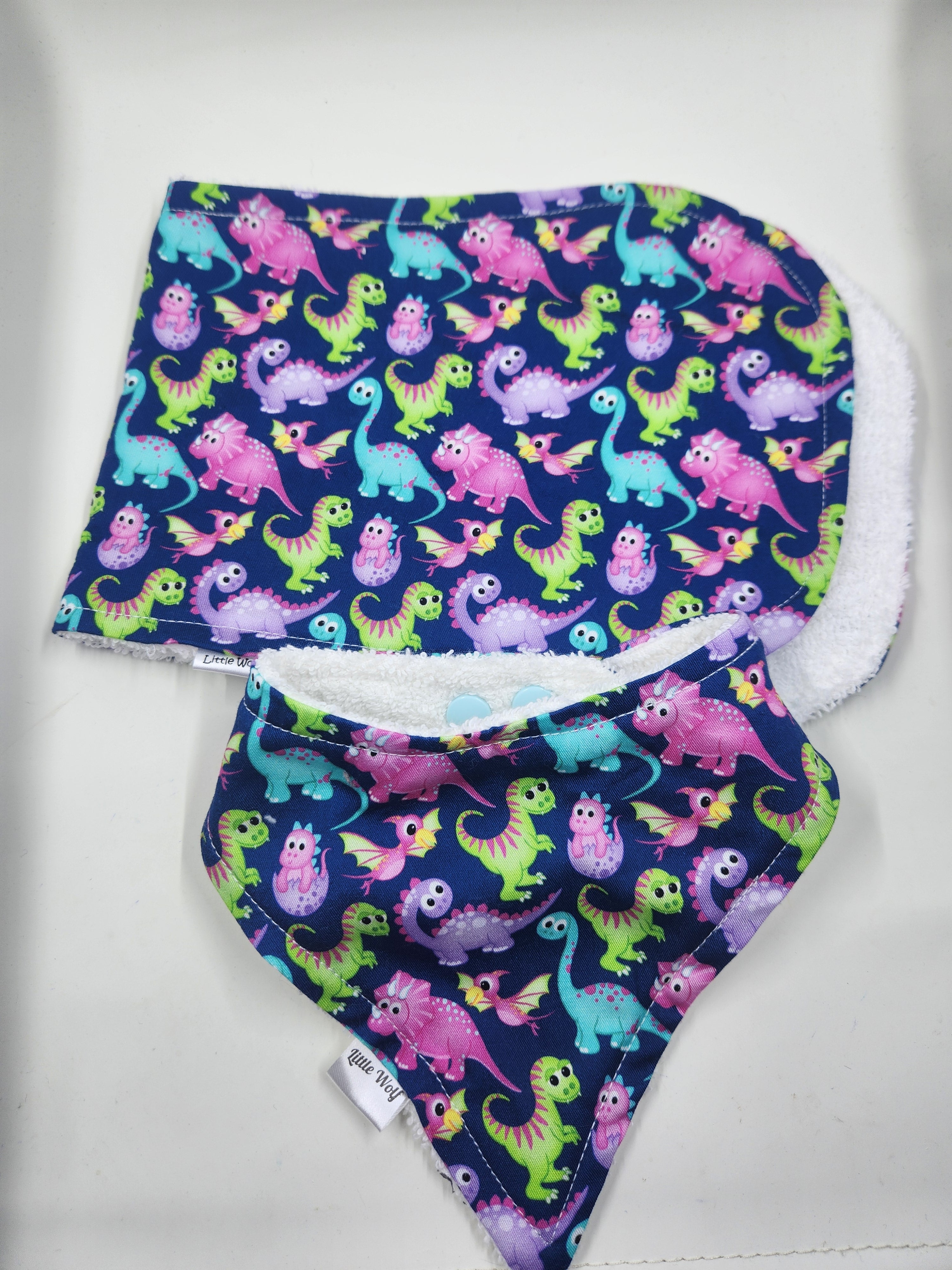 Pink + Purple Dino  Bib + Burp Cloth Set