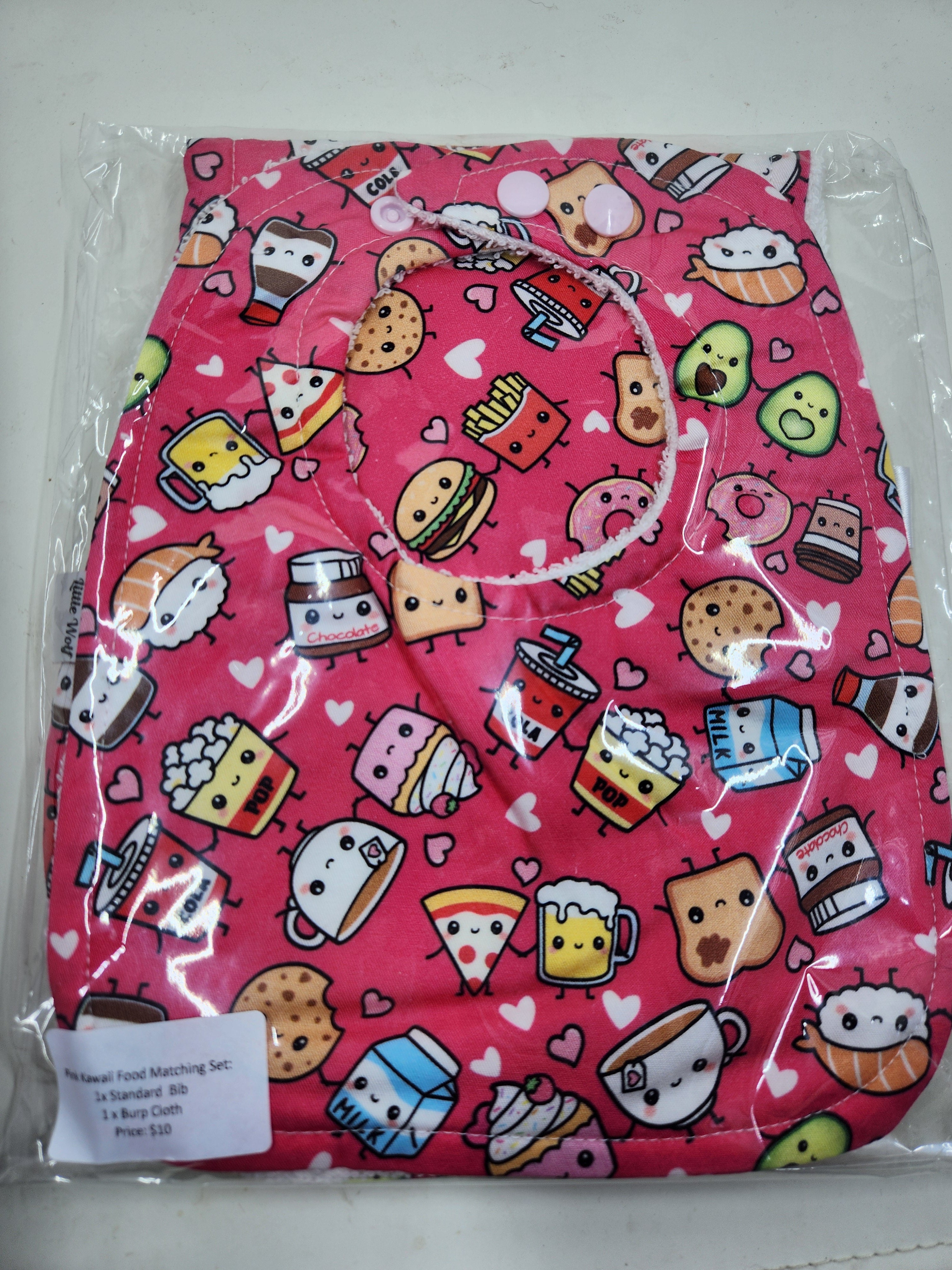 Kawaii Pink Food Bib + Burp Cloth Set