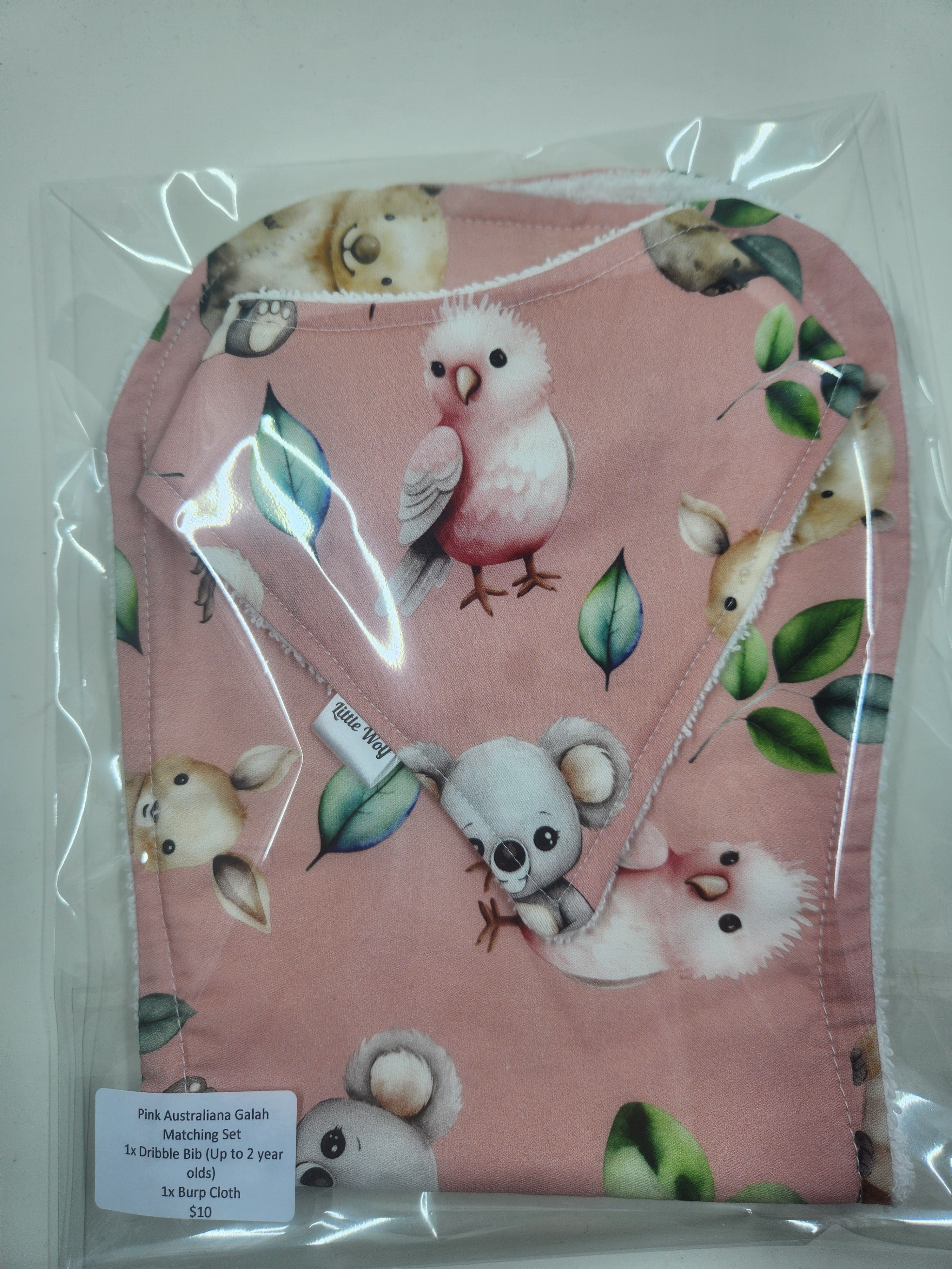 Dusty Pink Kangaroo + Wombat + Koala + Kookaburra Bib + Burp Cloth Set